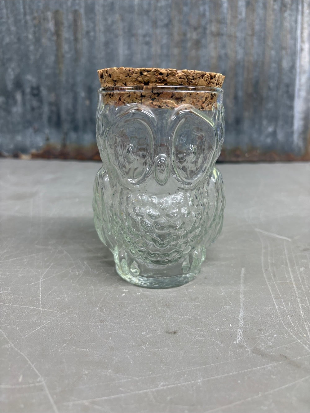 1970s clear pressed-glass owl-shaped jar with cork stopper lid